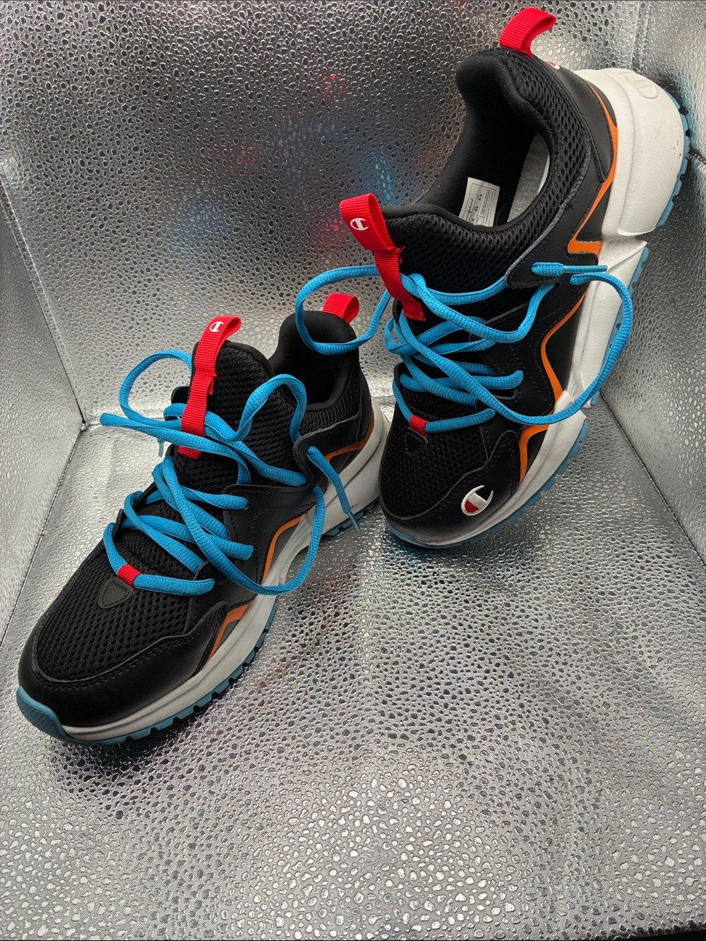 Champion Black Sneakers with Bright Blue Laces & Orange Accents